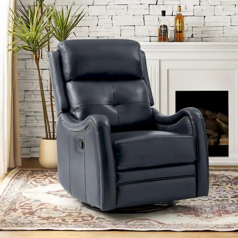 FrancoModern Genuine Leather Swivel Rocker Recliner with Nailhead Trims by HULALA HOME