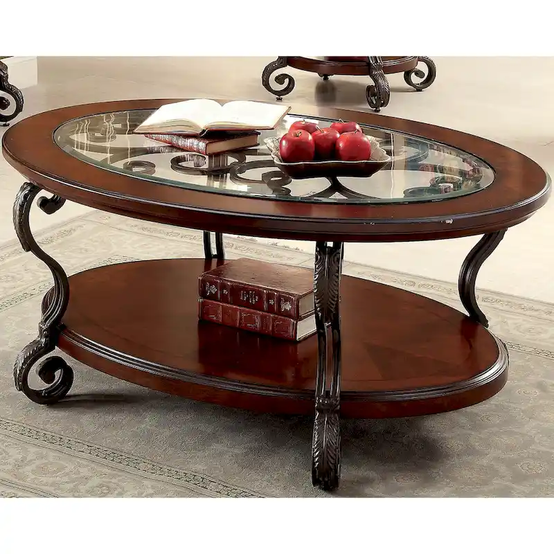 48-Inch Glass Top Coffee Table with Scrolled Metalwork