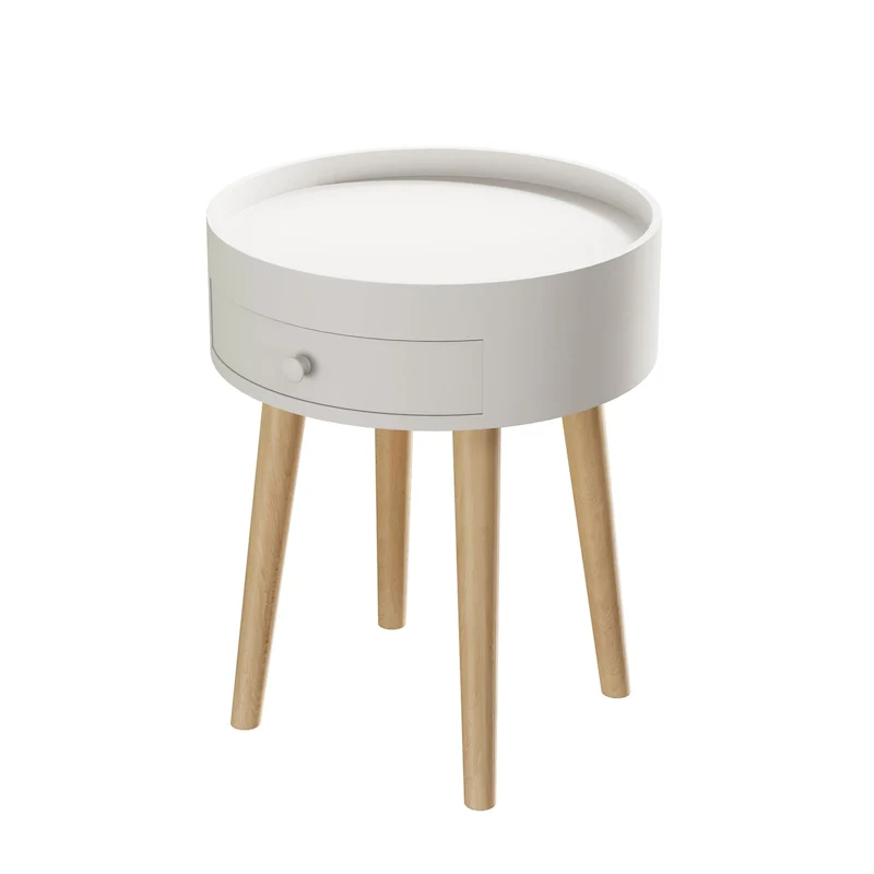 White Round Bedside Table with Drawer, Single, MDF