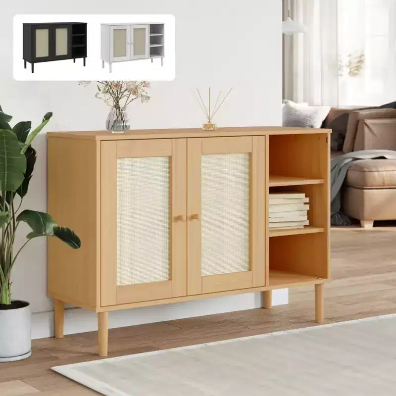 vidaXL SENJA Sideboard Buffet Storage Cabinet Rattan Look Solid Wood Pine, with 3 Open Compartments