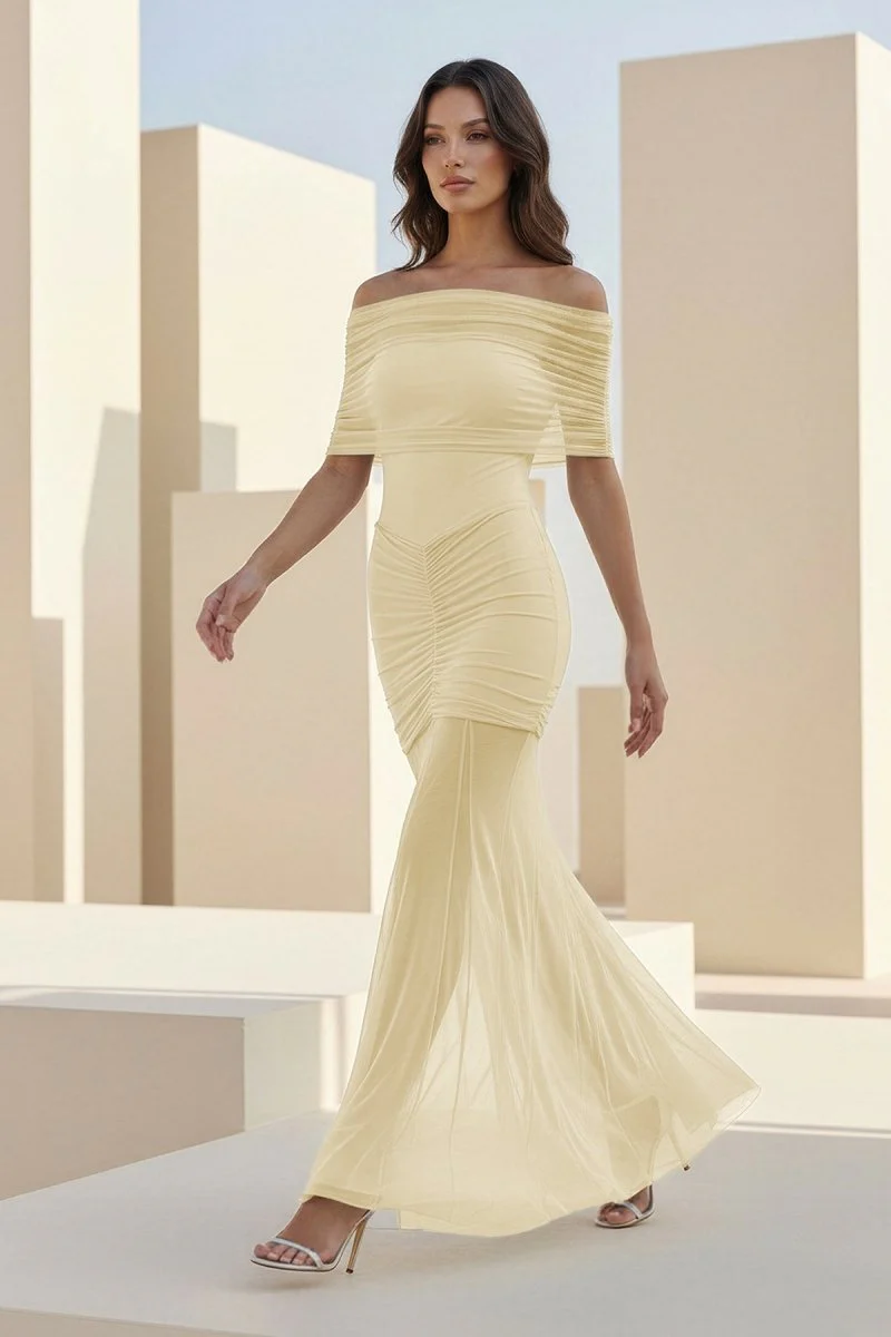 Ivory Mermaid Off The Shoulder Ruched Tulle Long Prom Dresses