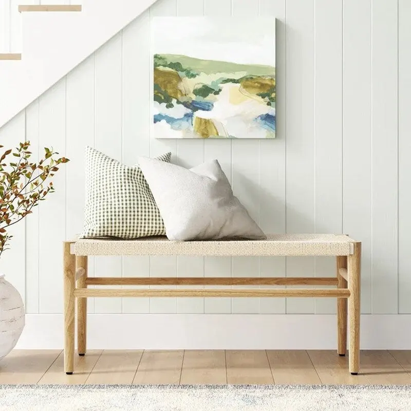Mieres Boho Style Solid Wood Bench with Woven Rope Seat, Mid-Century Modern Indoor Ottoman with Rubber Wood Legs for Home Office