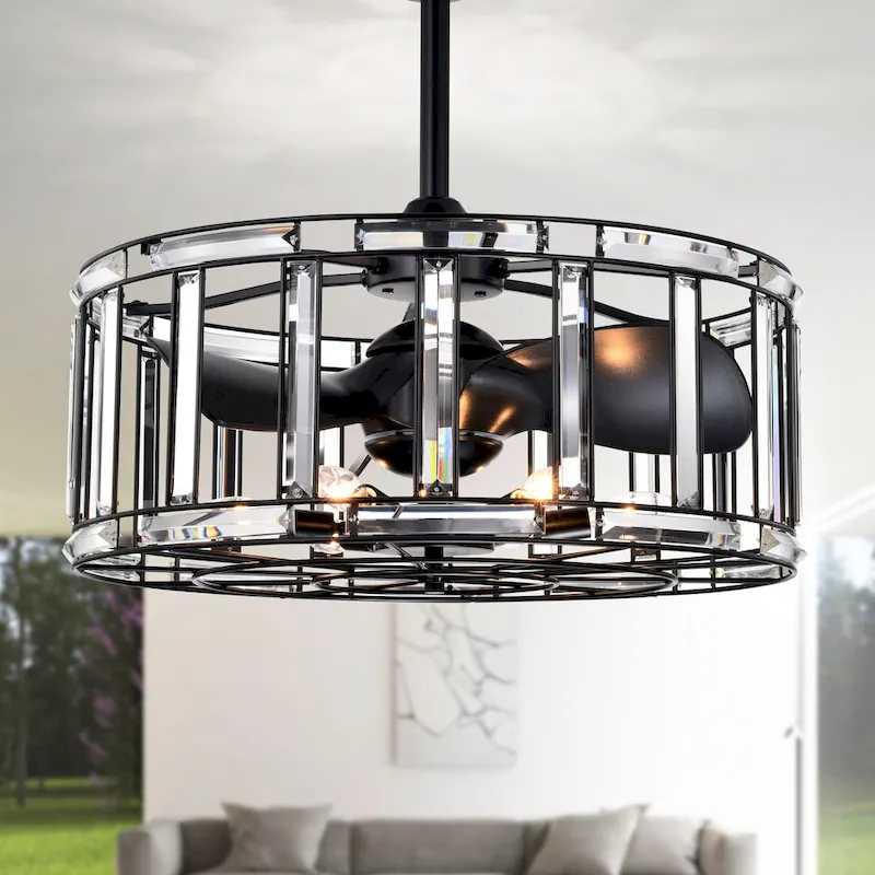 Livia 25 Inch Elegant and Glam Style Matte Black Finish Crystal Lighted Ceiling Fandelier with Remote