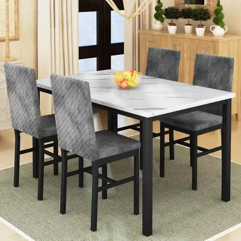 Grondin 5-Piece Dining Room Table Set with Faux Marble Table Top and Diamond Stitching Velvet Upholstery Dining Chairs