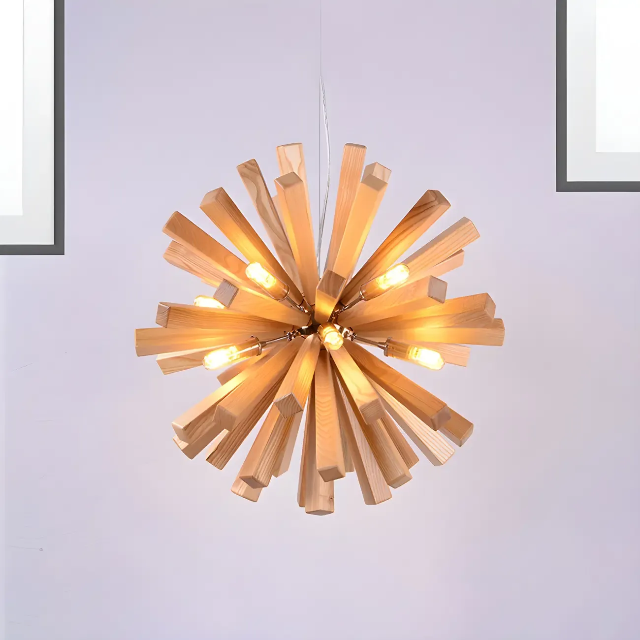Mid-Century Modern Wood Starburst Chandelier Warm Light