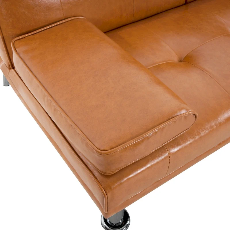 Futon Sofa Bed Couch with Armrest & Cupholders, Faux Leather Sofa Bed Couch Convertible Folding Reclining Small Couch