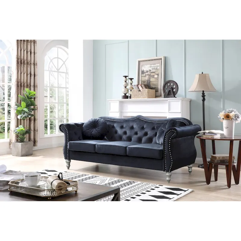 Hollywood 82 in. Velvet Chesterfield 3-Seater Sofa with 2-Throw Pillow - 82L x 35W x 34H