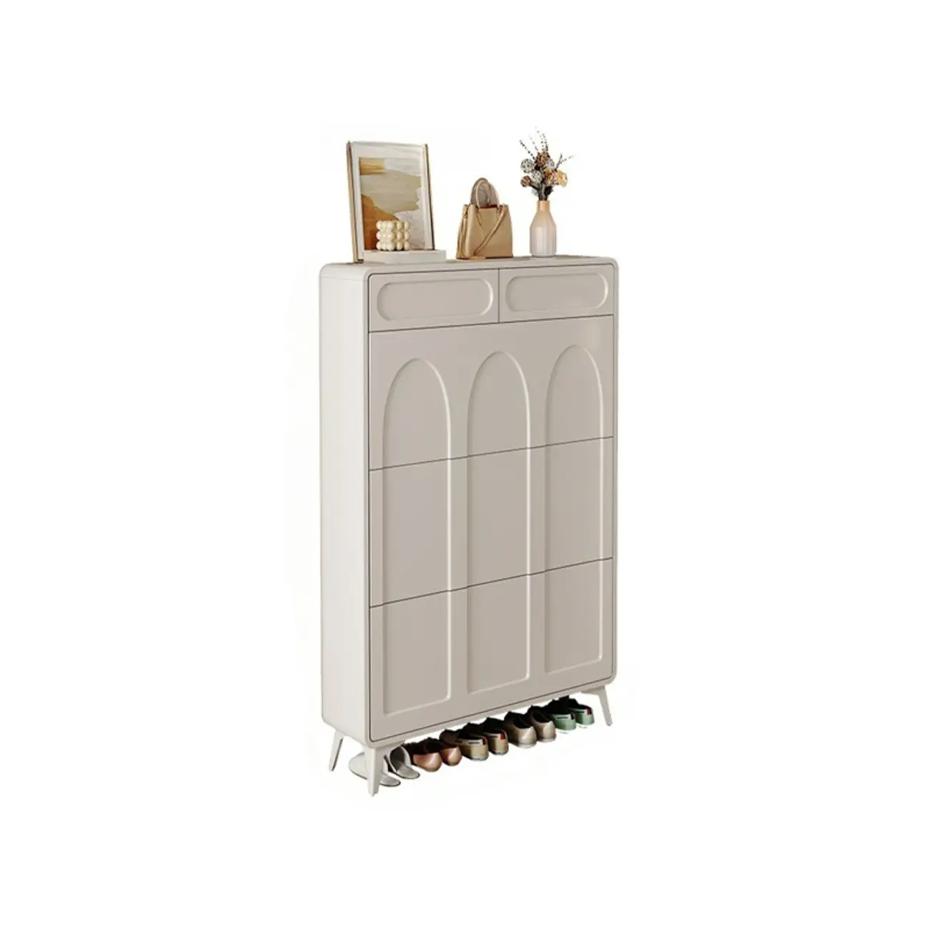 Vertical Slim White Wooden Drop Front Shoe Cabinet
