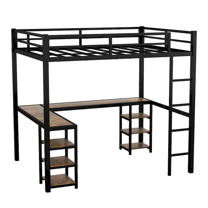 Full XL Metal Loft Bed with Desk and Shelves