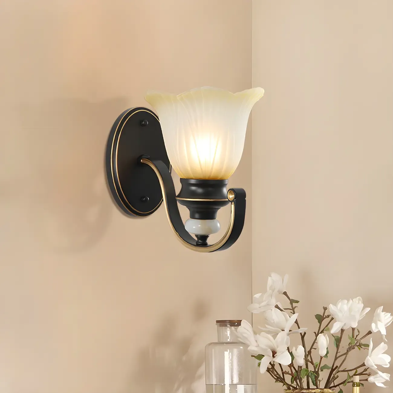 Traditional Black-Gold Glass Wall Sconce for Living Room