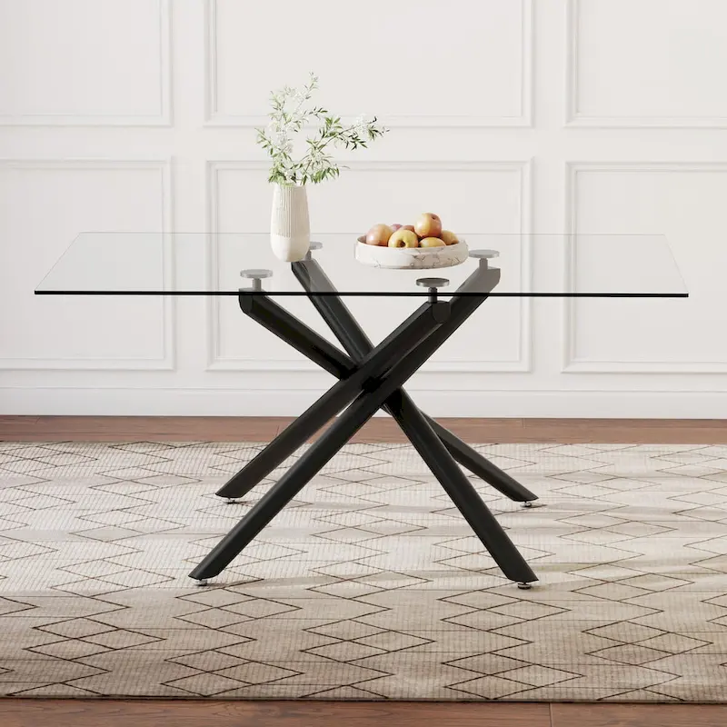 Rectangular Glass Dining Table with Black Metal Legs - 6-8 Person
