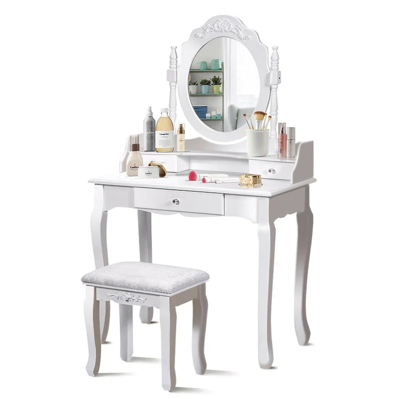 Costway White Vanity Wood Makeup Dressing Table Stool 3 Drawer