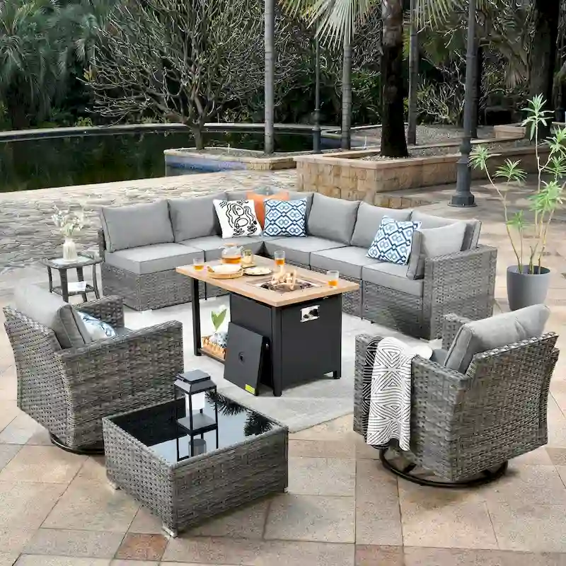 OVIOS Deep Seat Wicker 11-piece Sectional Set Swivel Chairs Fire Pit