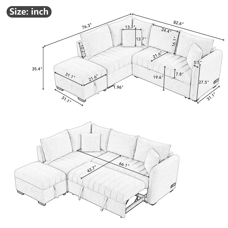 L-Shaped Sectional Pull Out Sleeper Sofa Bed with USB & Power Sockets, Beige