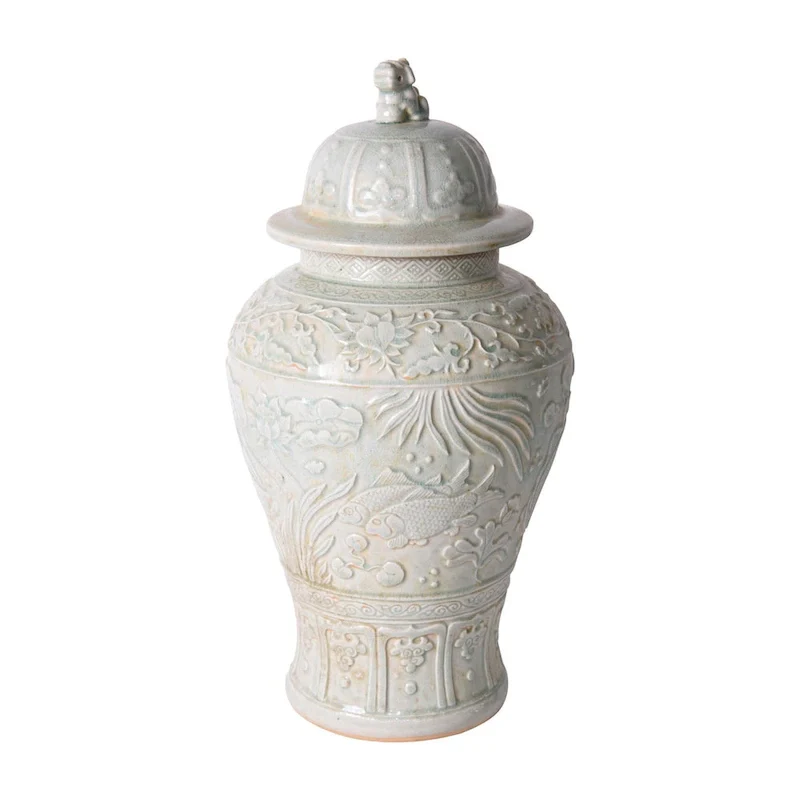 Sage Green Embossed Fish Temple Jar - 12x12x21.5