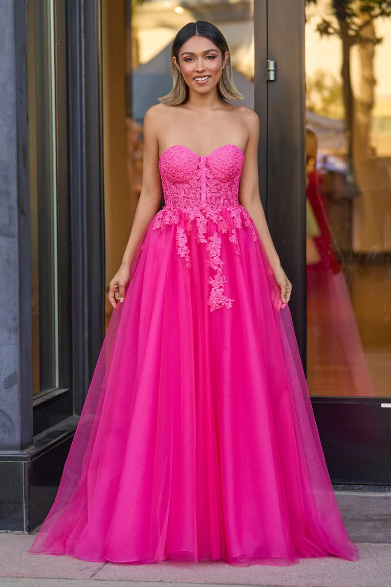 A-Line Hot Pink Tulle Lace StraplessLong Prom Dress