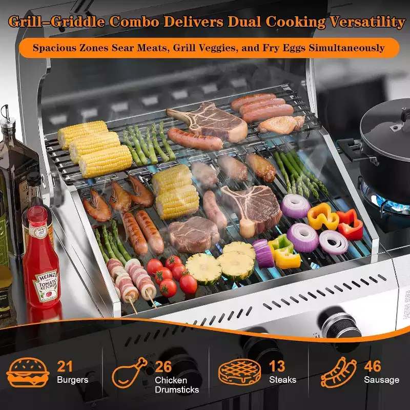 ZAFRO 3-Burner Propane Gas Grill with Side Burner 34,000 BTU Stainless Steel Outdoor BBQ Grill, Cast Iron Grates, Portable for Patio, Camping