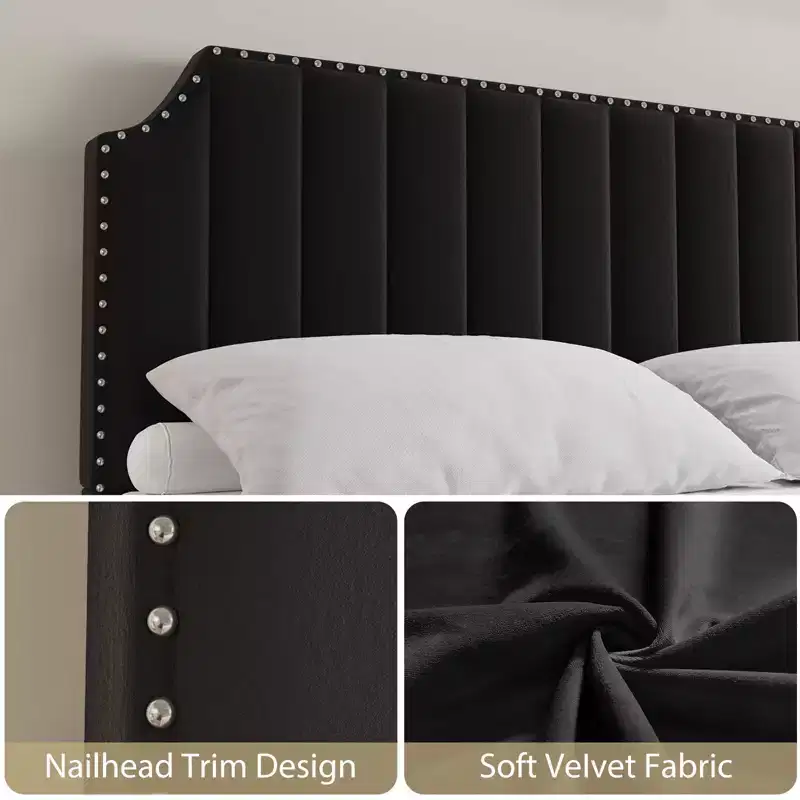 Queen-size platform bed frame, velvet upholstered frame, vertical quilting, adorned with rivets, no spring mattress required, grey.