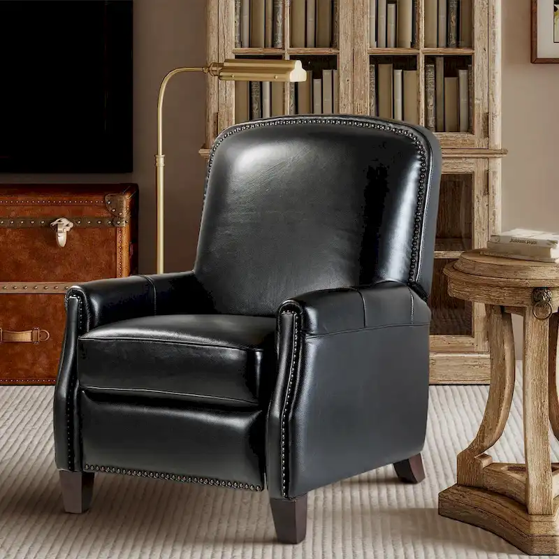 Modern Retro Genuine Leather Recliner with Nailhead Trim & Wooden Frame