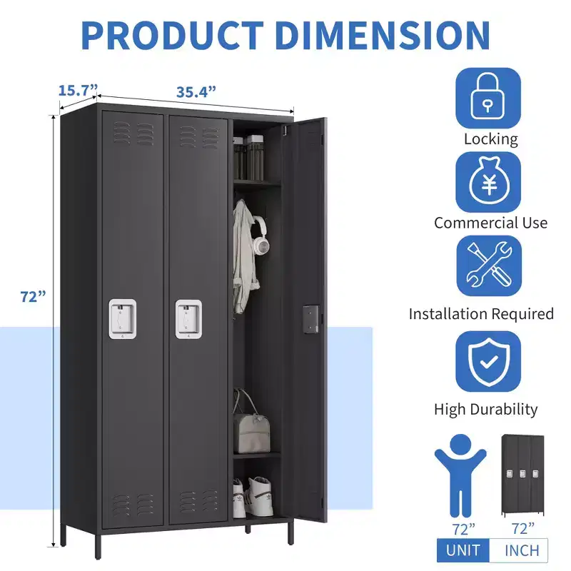 3 Doors Employee Lockers for Office, Metal Sorage Locker Combination, Lockable Employees Metal Locker With Door, Industrial Storage Lockers