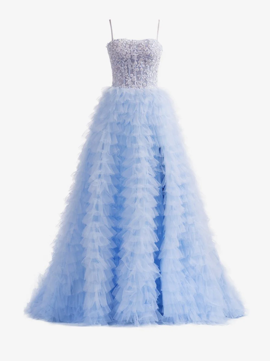 Sky Blue A-Line Tiered Sequins Tulle Long Prom Dress
