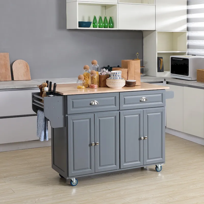 Rolling Kitchen Island on Wheels Utility Cart with Drop-Leaf and Rubber Wood Countertop, Storage Drawers, Dark Grey