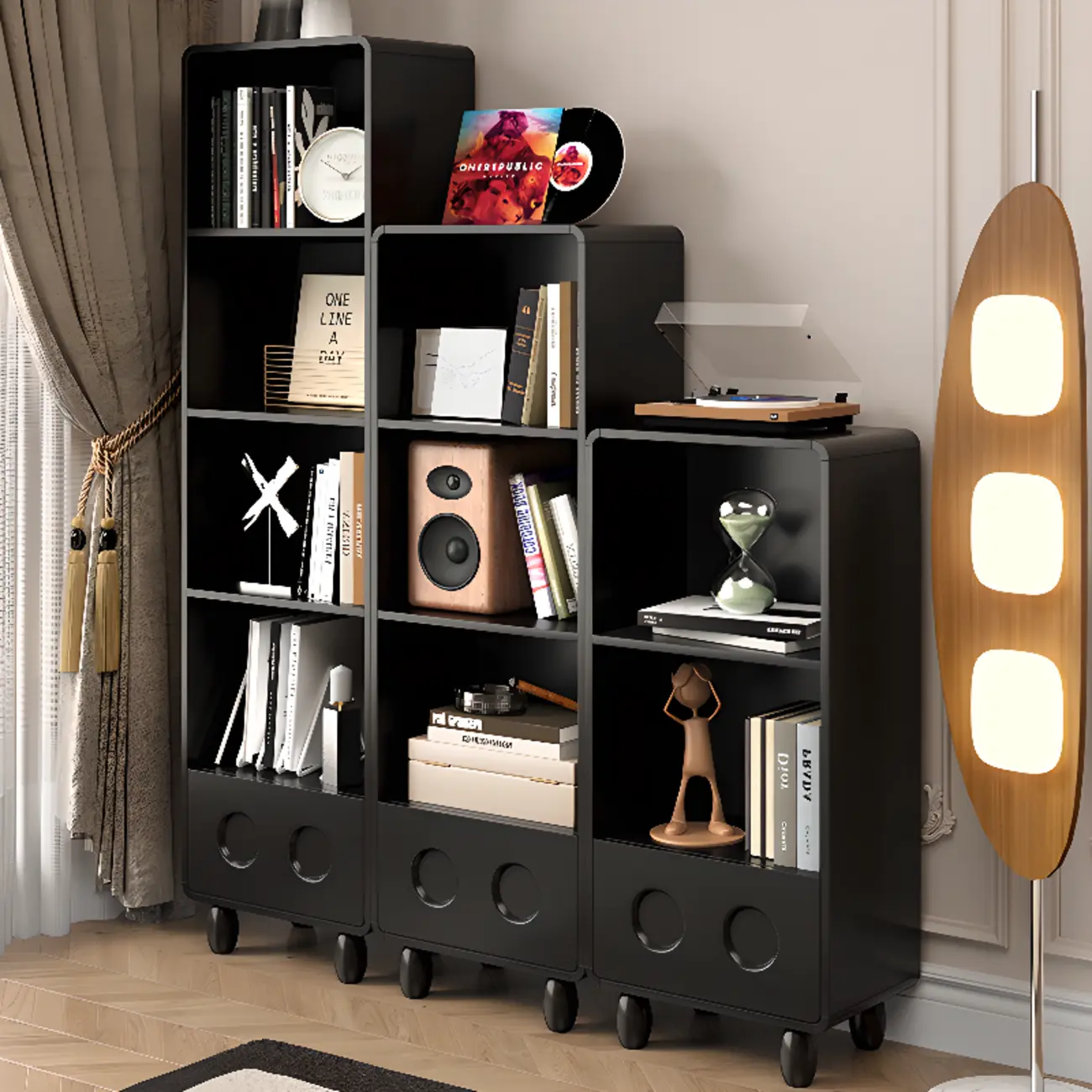 Narrow Black Wood 5-Tier Rolling Bookcase with Drawers