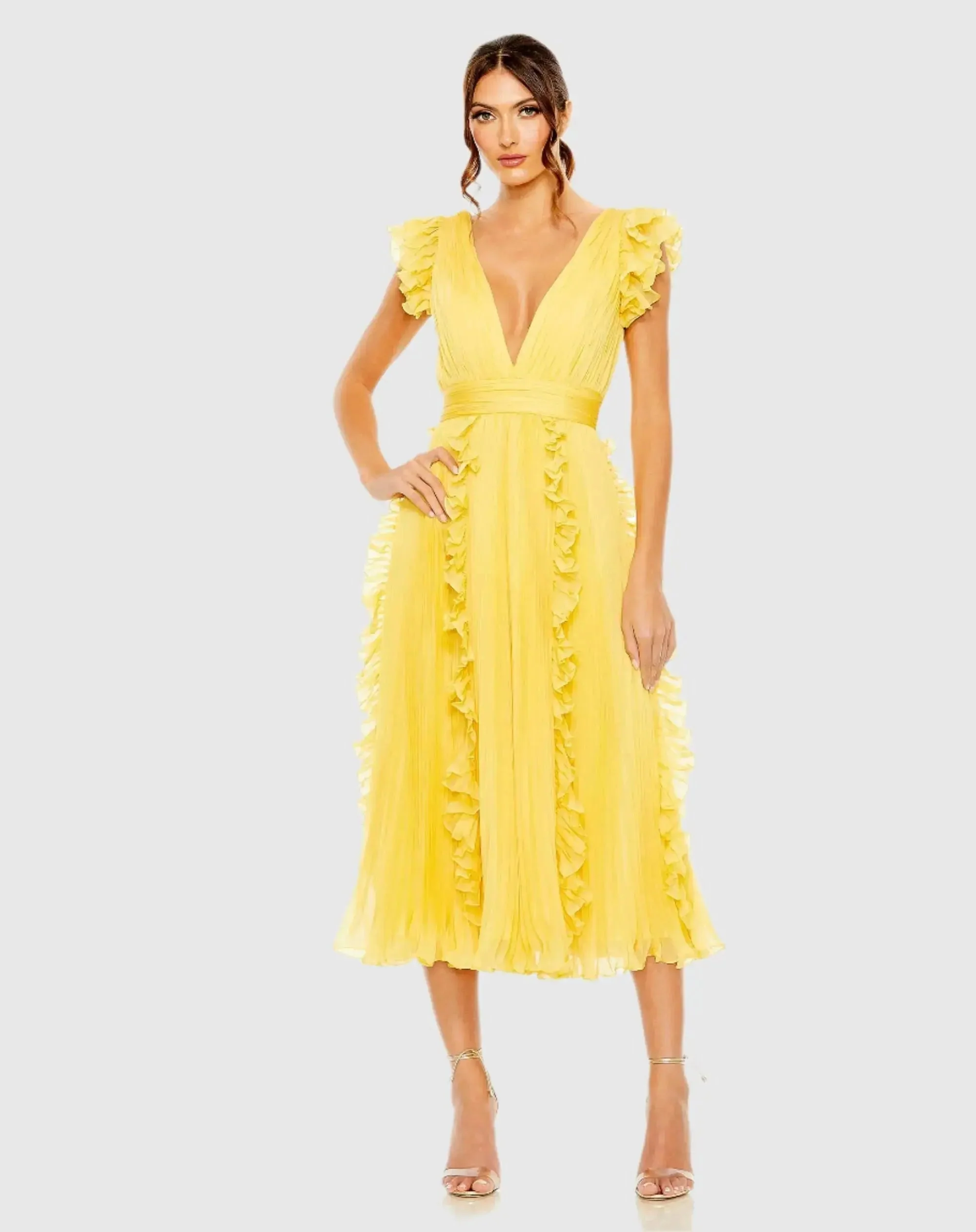 Yellow Pleated Chiffon V Neck Ruffle Midi Dress