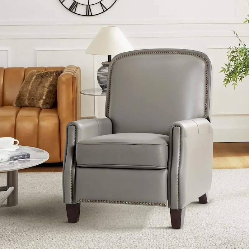 Modern Retro Genuine Leather Recliner with Nailhead Trim & Wooden Frame