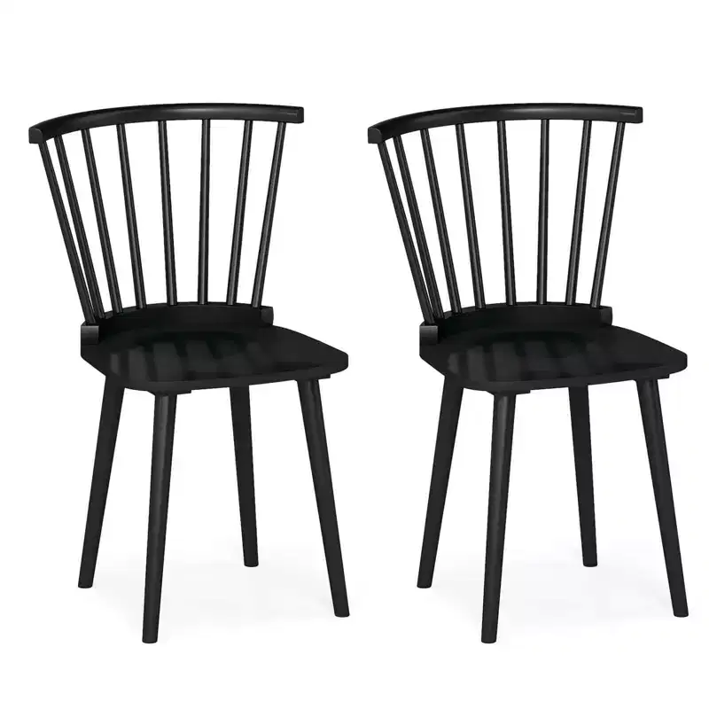 Costway 2PCS Rubber Wood Windsor Dining Chairs with Spindle Back for Living Room Black/Natural