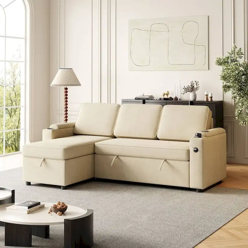 85.8 Upholstery Sleeper Sectional Sofa Pull Out Sofa Bed with Storage Space