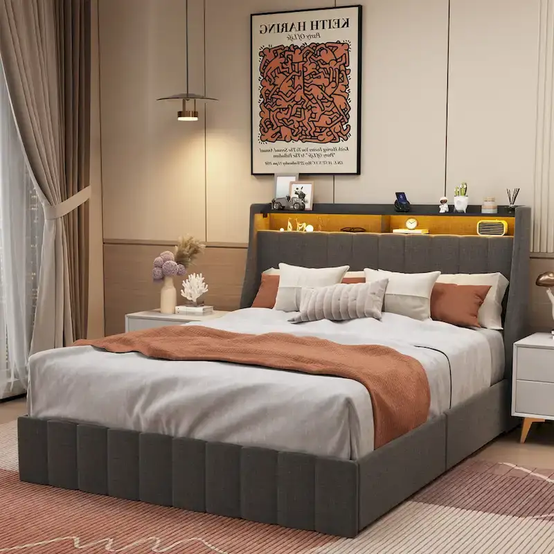 Dark Grey / Light Grey Linen Platform Bed with RGB LED, 4 Drawers & Headboard Shelves – Full / Queen
