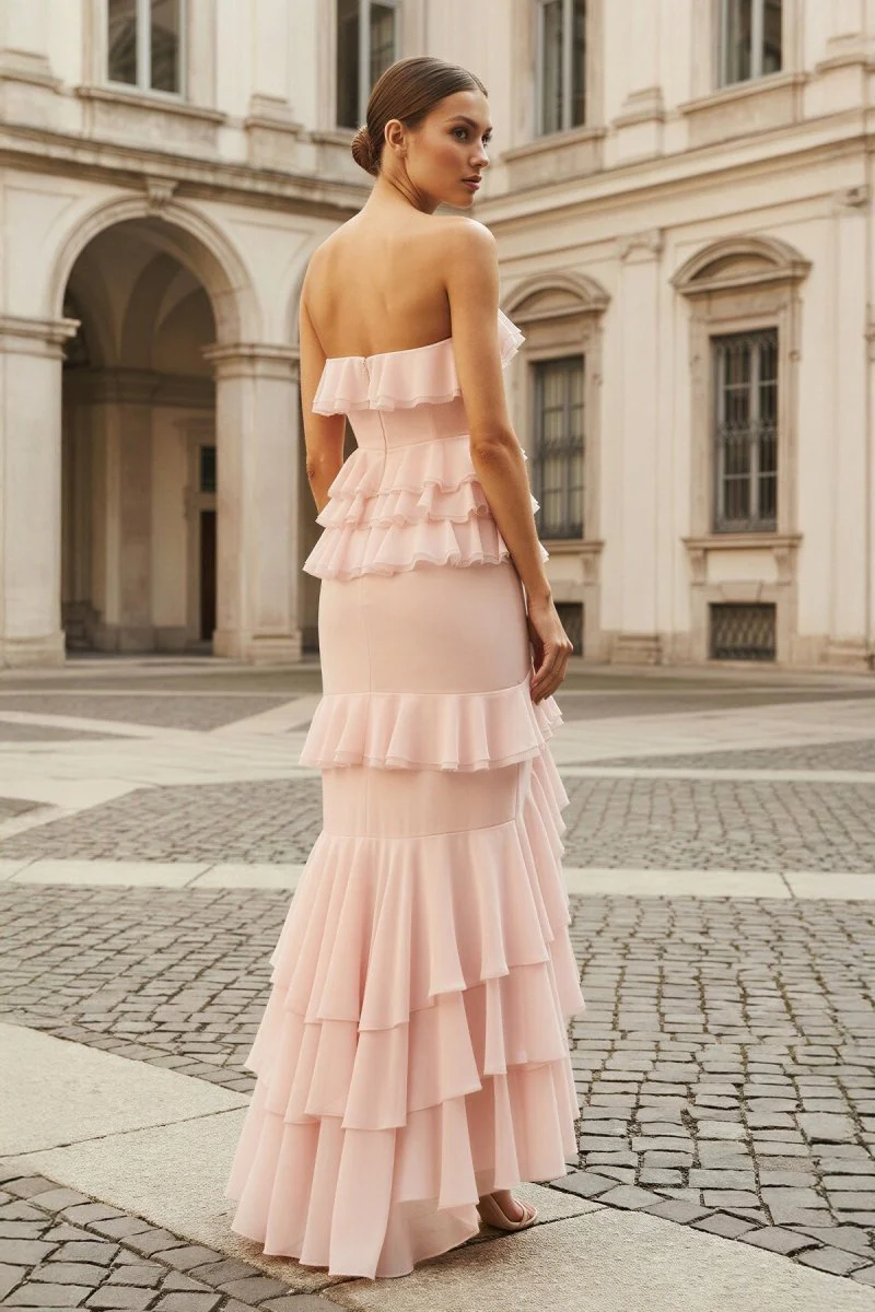 Pink Strapless Sheath Chiffon Ruffled Long Prom Dresses