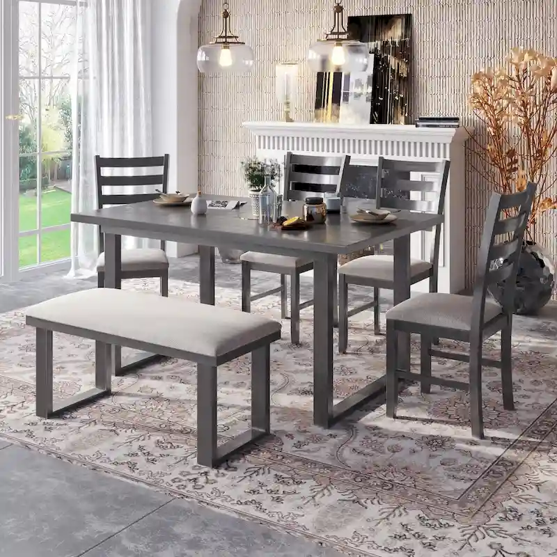 Gray 6-Person Rustic Dining Set, Table, 4 Chairs & Bench