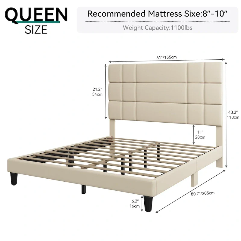 Linen Upholstered Headboard Platform Bed – Beige / Grey, Queen / King, Sleeps 2