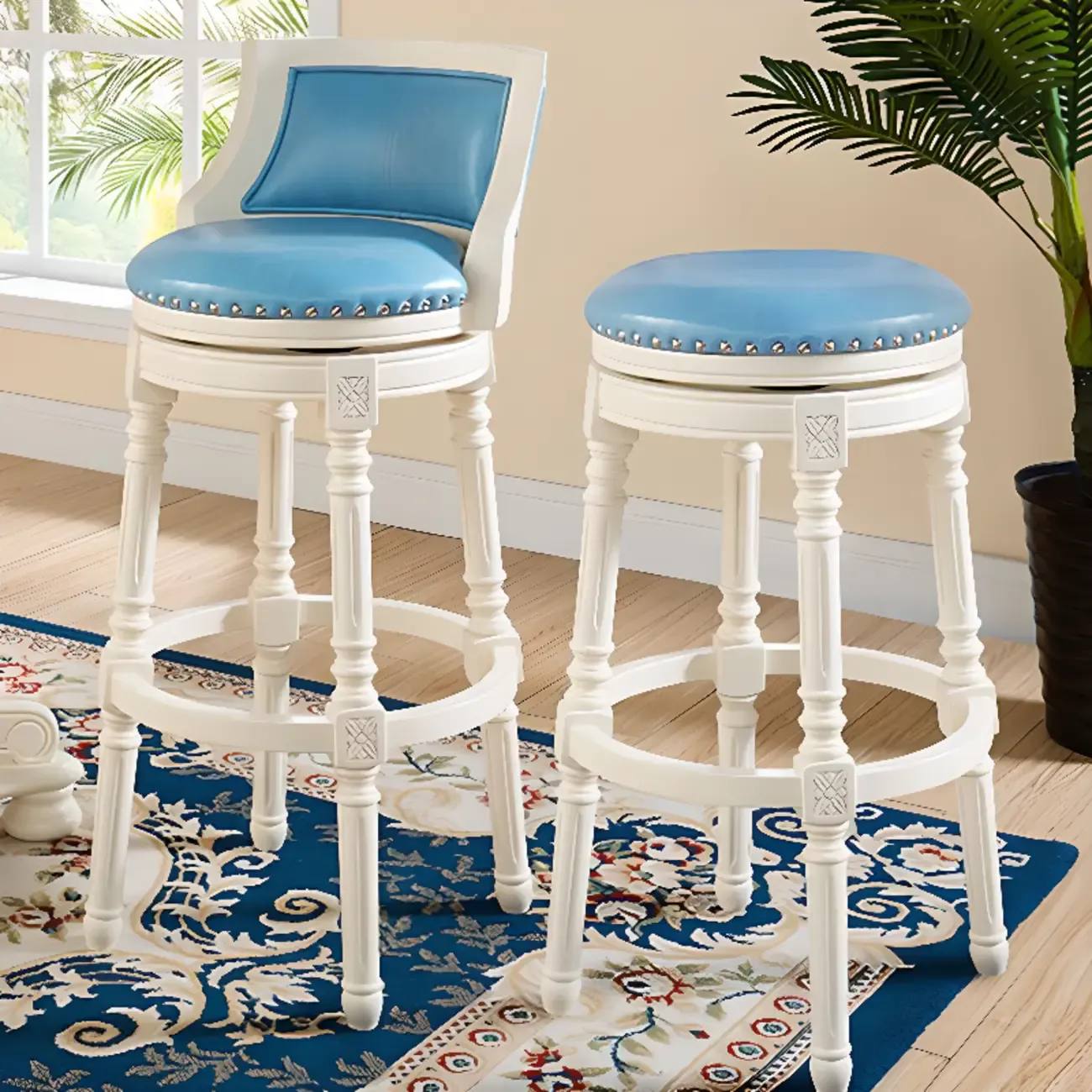 Traditional Blue Faux Leather Swivel Round Bar Stools