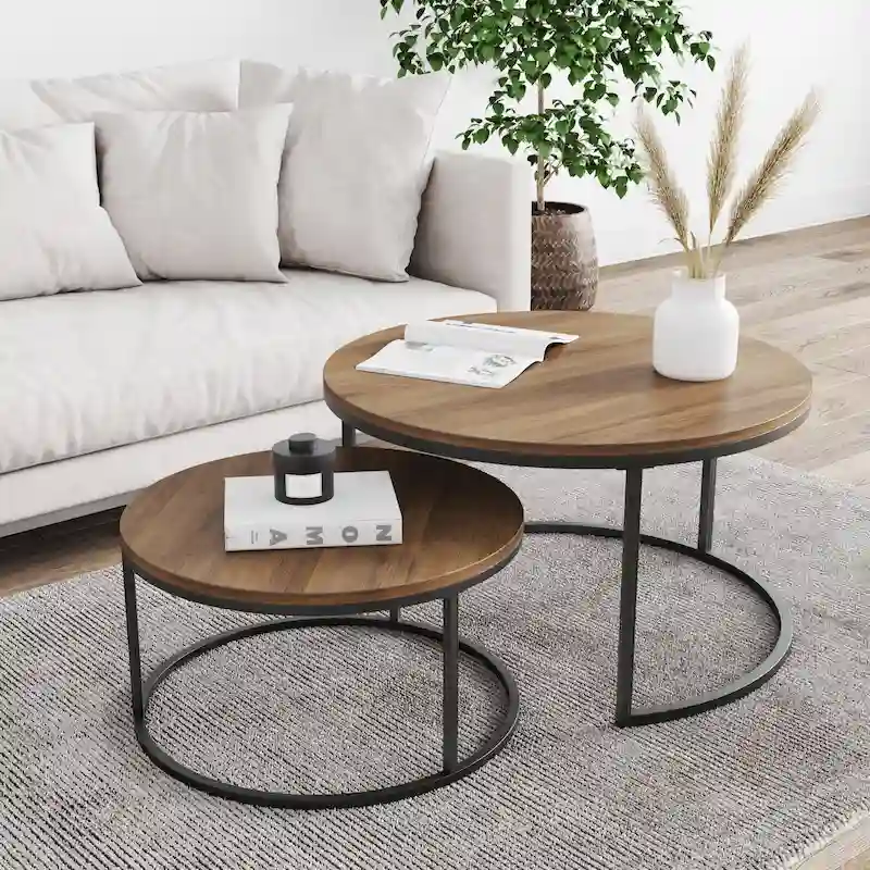 Round Nesting Coffee Table Set of 2 Modern Minimalist Metal Base Wood Marble Glass Finish