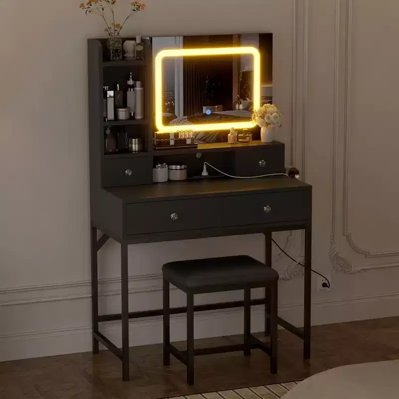 Vanity Desk and Stool with Mirror and LightsMakeup Vanity with Charging Station, Drawers, Storage Shelves for Bedroom