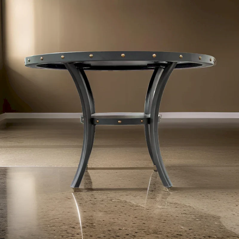 48 Inch Dining Table, Round Nailhead Trim Top with Shelf, Black Wood