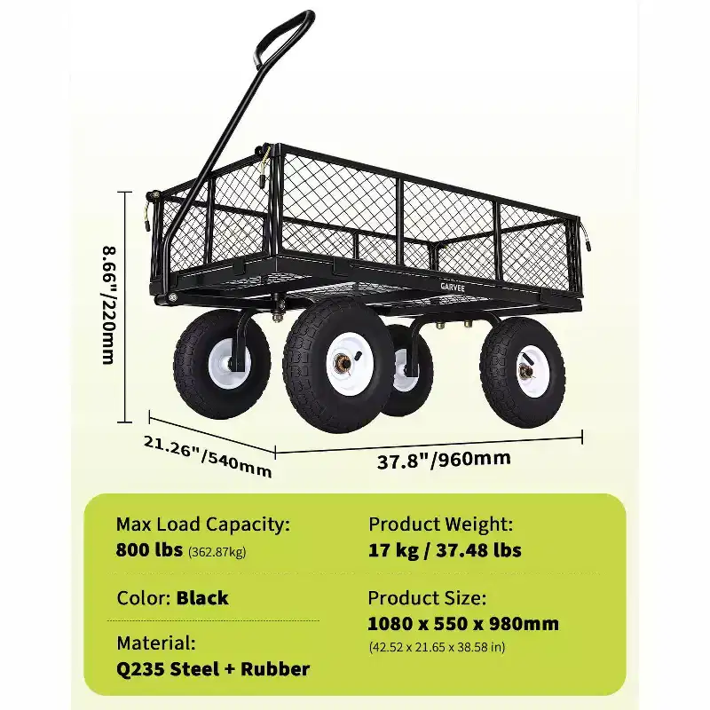 Heavy-Duty Outdoor Utility Cart, 800 lbs Capacity, 10 All-Terrain Pneumatic Tires, Easy-to-Maneuver Lawn and Garden Cart with Removable Mesh Panels