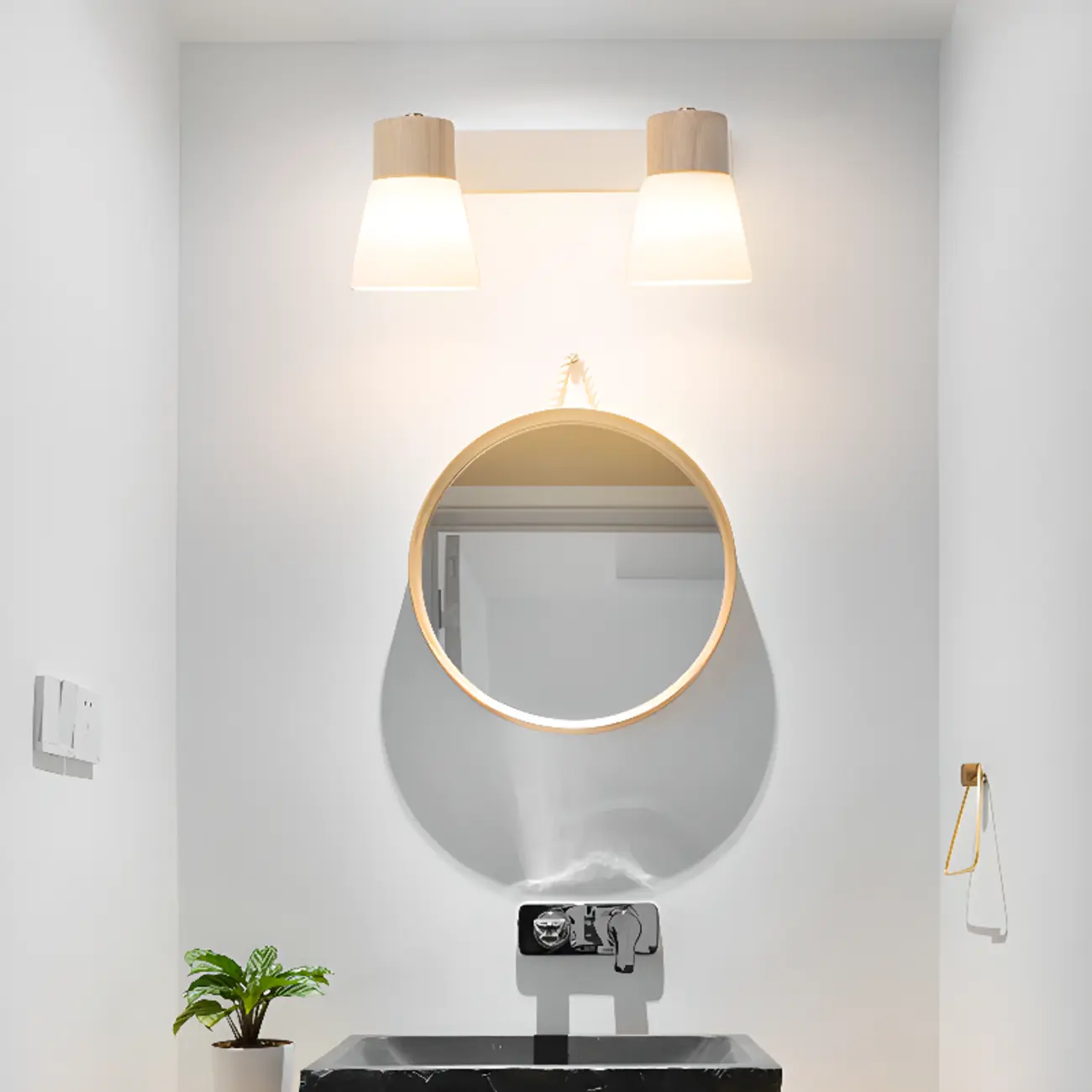 2-Light Modern Wood and Glass Bathroom Vanity Light Fixture