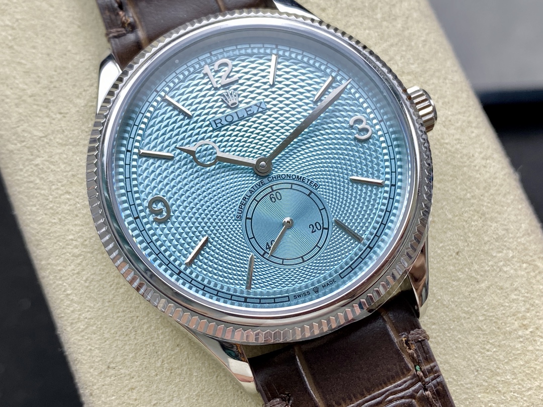 Replica Rolex ice blue dial guilloche pattern close up