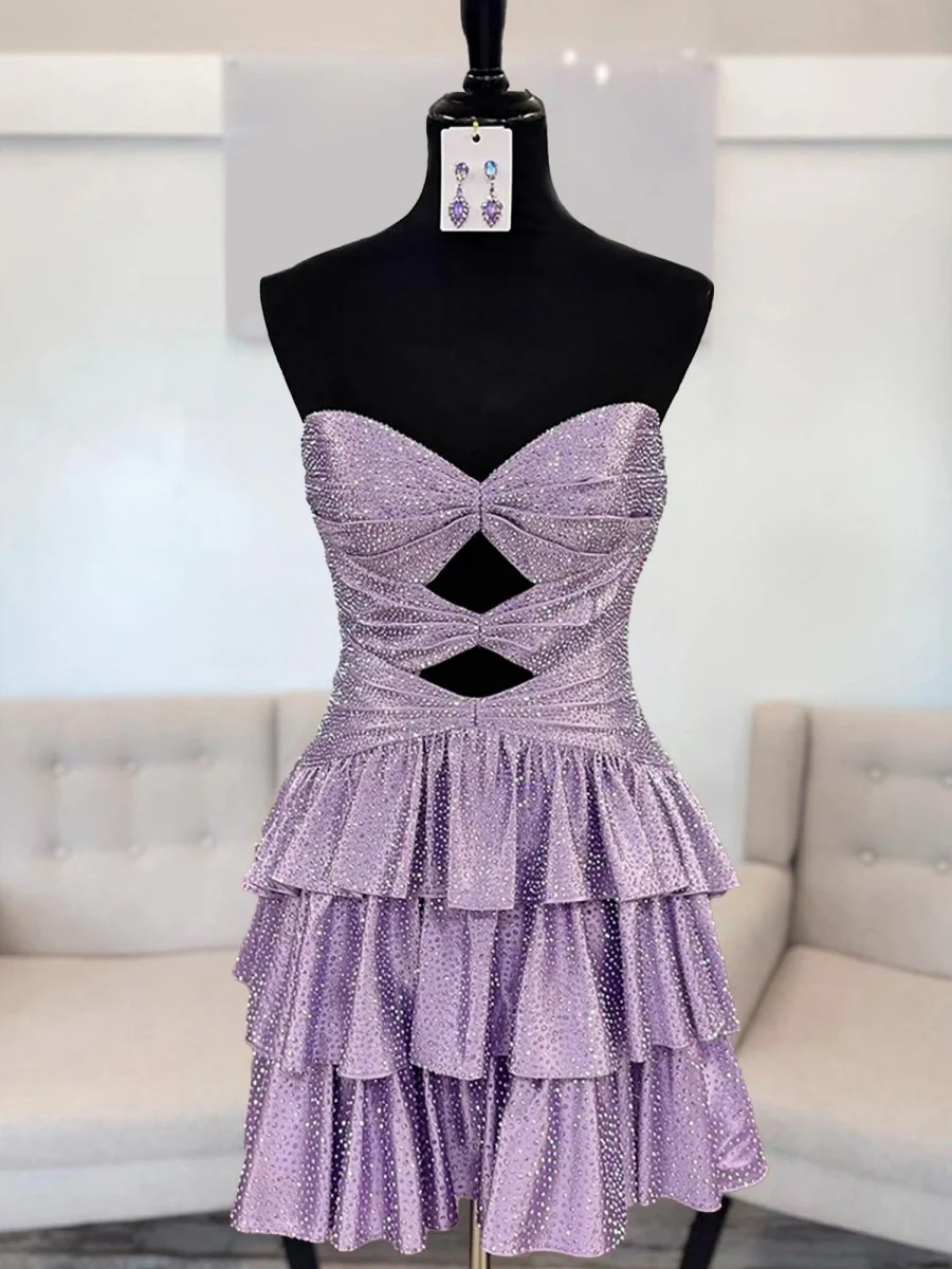 Lilac - A Line Sweetheart Satin Cut Out Ruffled Homecoming & Cocktail Dresses with Beads