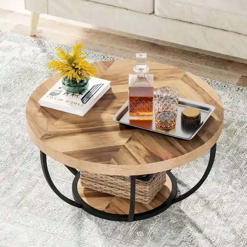 31.7 Round Coffee Table, Rustic 2-Tier Center Table with Storage Open Shelves