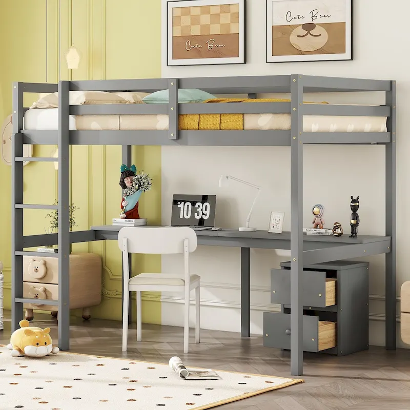 Grey Twin Size Wood Loft Bed with Desk, Storage, and Ladder