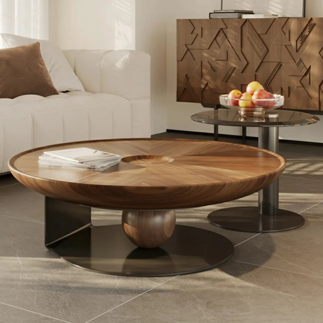 Tray Top Wood Walnut Abstract Base Round Coffee Table