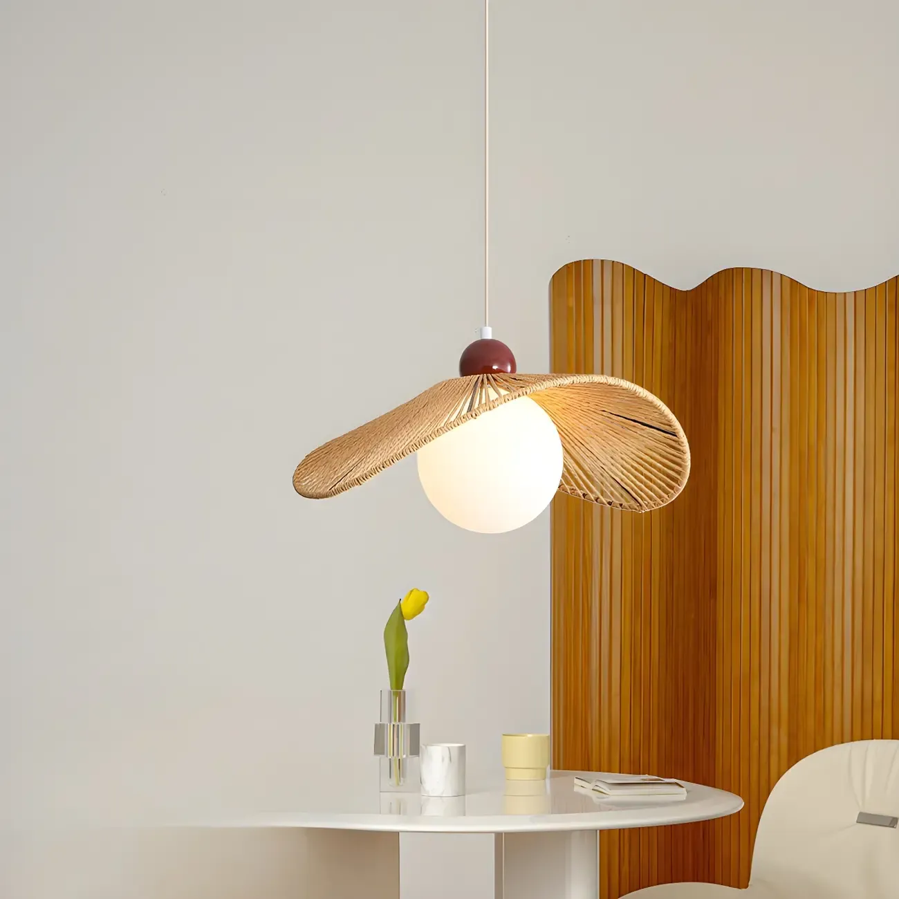 Rattan Curved White Glass Globe Pendant Light