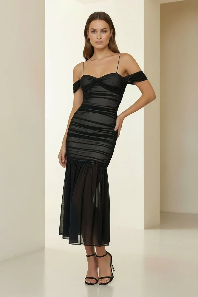 Black Spaghetti Straps Sheath Tulle Pleated Ankle Length Prom Dresses