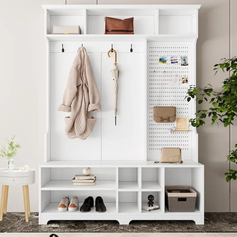 Black / White Hall Tree with Shoe Bench, Coat Rack and Storage Shelves — 1-Person