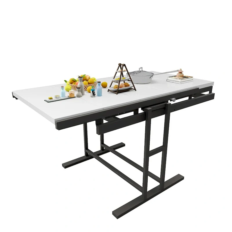 Solid Mahogany Wood Multifunction Convertible Dining Table,Free Switch Space Saving Table Shelf for Home and Studio,White Finish